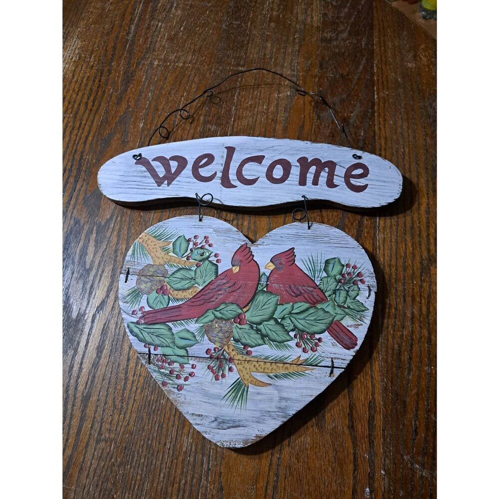 Rustic Farmhouse Christmas Holiday Winter Welcome Sign Cardinal Birds Pinecones